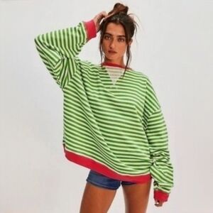 FREE PEOPLE Pink Clover Combo Classic Striped Oversized Crewneck Sweatshirt